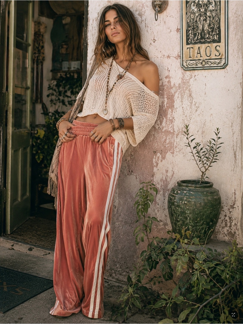 Adika Pink Velour Wide-Leg Track Pants | White Stripes Y2K Pockets | Dusty Rose